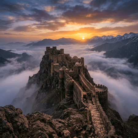 Stone fortress on mountain ridge above clouds during sunset