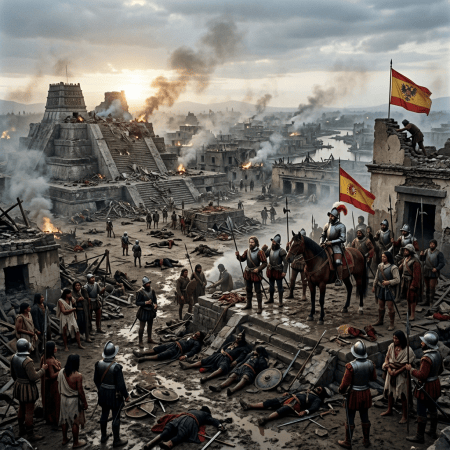Conquistadors and civilians amid burning ruins beneath Spanish flags
